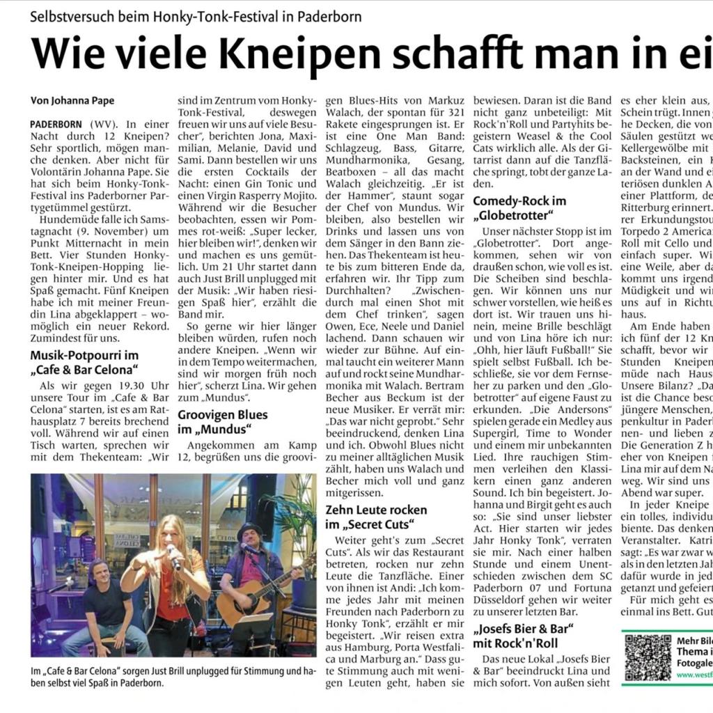Zeitungsausschnitt zum Auftritt der Band beim Honky Tonk Festival in Paderborn